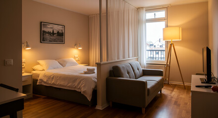 Obraz premium Cozy Studio Apartment with King Bed and Sofa