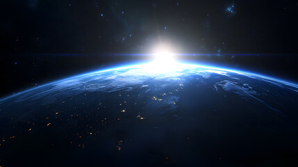 Stunning view of Earth from space as the sun rises, illuminating the planet's surface and atmosphere. City lights glimmer below, contrasting with the dark expanse of space.