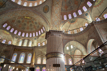 mosque interior inside, religious culture and sacred traditions, patterns and intricate designs, tranquility in Islamic architecture