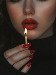 Woman holding a candle with red lips in low light