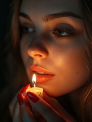 Fototapeta premium Woman holding a candle while softly illuminated in warm light