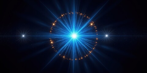 A vibrant blue starburst emanates from a radiant core, its myriad light beams gracefully extending outward, crafting an ethereal celestial scene