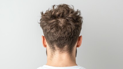 Obraz premium Back view of a person with curly hair and a casual outfit on a neutral background.