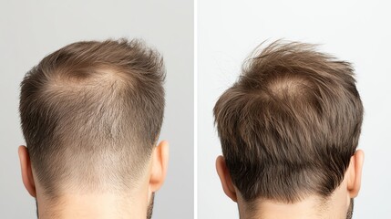 Obraz premium Comparison of male hair: before and after hair restoration treatment for thinning hair.