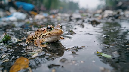 Obraz premium Wide Angle View of a Bullfrog in a Polluted Environment Surrounded by Garbage and Debris