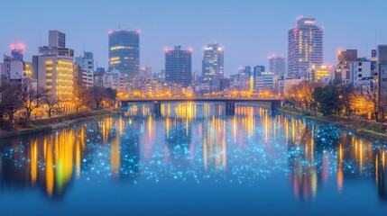 Fototapeta premium Glowing Metropolis Lights of Hiroshima Cityscape reflected on River at Dusk, Hiroshima, Japan