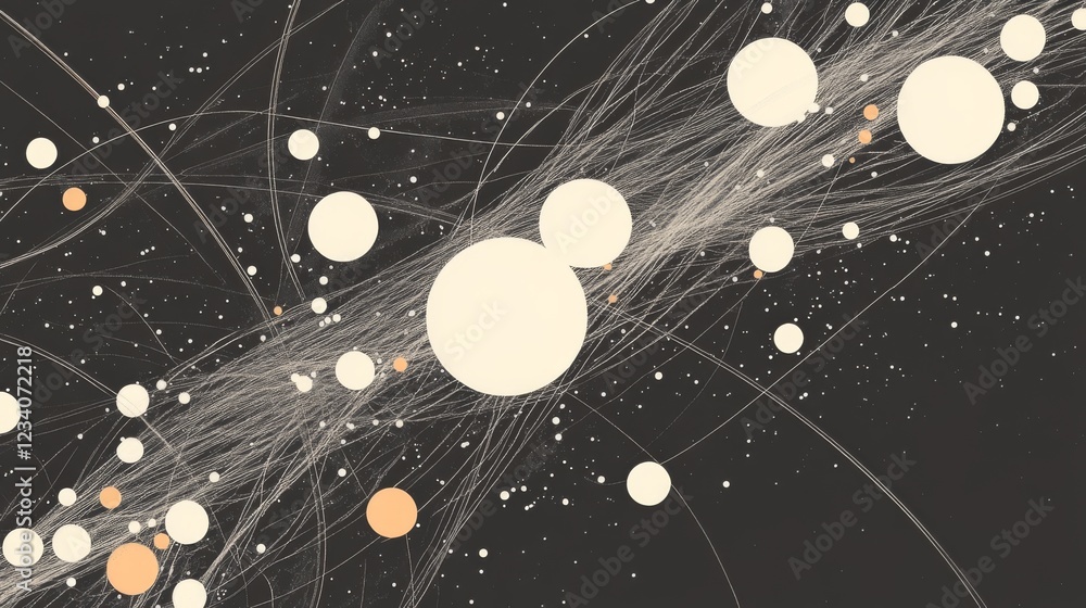 Poster abstract representation of celestial bodies and cosmic connections in a dark space setting