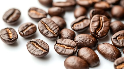 Naklejka premium A close-up image of whole coffee beans scattered on a white background, showcasing their texture and natural appearance, symbolizing coffee production