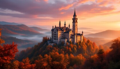 Naklejka premium Fairytale Castle Sunset Autumn Landscape Photography Print