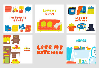 Interior cute hand drawn doodle composition, banner with funny hand drawn doodle oven, cooker, pot, dining table, window, sink, hood. Modern flat apartment elements