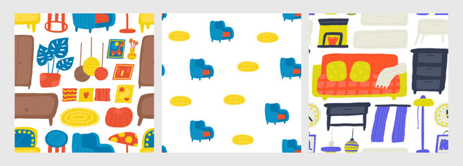 Interior seamless patterns set. Cute hand drawn doodle house furniture inside items repeatable pattern with table, clock, lamp, bedside table, sofa, fireplace, curtains, shelf, wall picture. Modern ro