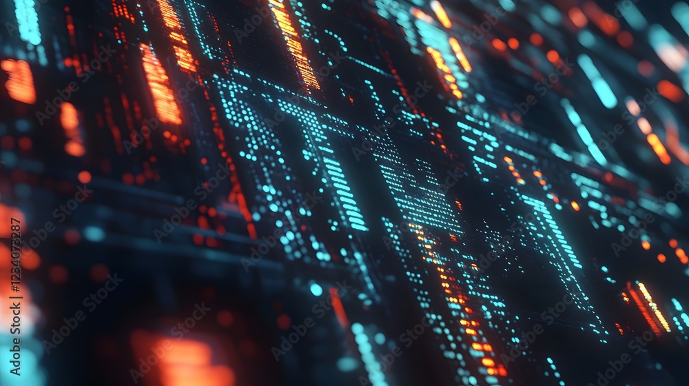 Poster abstract digital background with glowing teal and orange lines forming a futuristic data stream or c