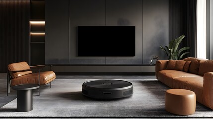 Modern living room with dark walls, leather sofa and armchair, a large flat-screen TV, and a smart robot vacuum cleaner in the center of the room. 