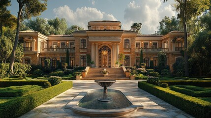 Obraz premium Magnificent Mansion: A Grand Estate in a Lush Garden Setting