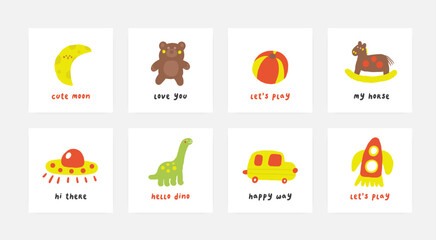 Children room interior objects set. Cute hand drawn doodle house kids furniture, bed, wooden toy, lamp, moon, space ship, alien, dinosaur toy, teddy bear, ball, car, horse, table, wall picture, cactus