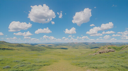 Fototapeta premium Sunny day, grassy mountain valley, blue sky, fluffy clouds, scenic landscape, travel