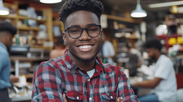 young man with glasses smiles confidently in cozy cafe setting, wearing red plaid shirt. background features bustling coffee shop atmosphere
