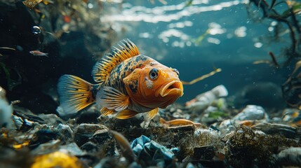Fototapeta premium Garbage-Laden Underwater Scene Featuring a Cichlid Fish Swimming Amidst Debris and Pollution