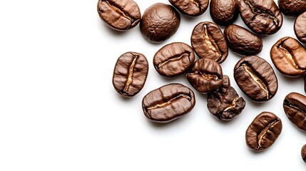 A detailed shot of whole coffee beans in their natural state, isolated on a white background, highlighting the essence of coffee production and grinding