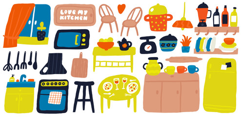 Kitchen room interior objects set. Cute hand drawn doodle house furniture inside items, window, oven, stove, microwave, sink, hood, lamp, saucepan, scales, bar chair, cutting board. Apartment elements