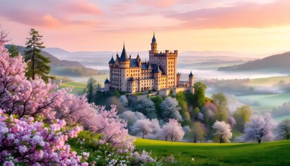 Obraz premium Fairytale Castle Sunrise Landscape with Blooming Trees