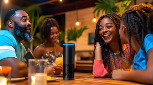 A happy Black family enjoys a meal together, using a smart speaker for entertainment.  Warm lighting creates a cozy atmosphere. The family is laughing and interacting.