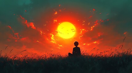 Fototapeta premium Sunset Silhouette Person meditating in tall grass, fiery sky, digital art, mood background