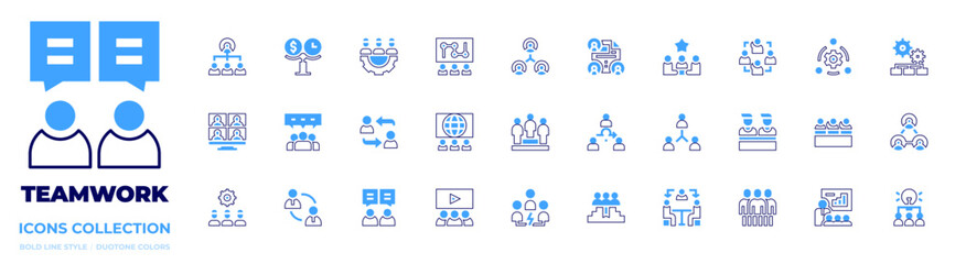 Teamwork icon collection. Bold line style. Duotone colors. teamwork, team, network, chat, meeting, presentation, goals, leadership, intermediary, videocall, agile