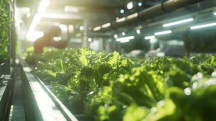 Close-up of lush green lettuce plants on a conveyor belt in a modern, sunlit hydroponic greenhouse.  The image suggests efficient, sustainable agriculture.