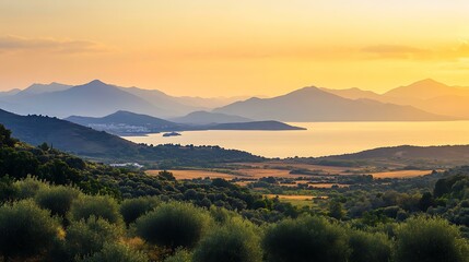 A quiet evening in Peloponnese, Greece, capturing the golden hour light over the landscape, symbolizing Feierabend relaxation, isolated on a white background