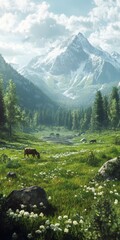 Cows grazing in a lush green valley with towering mountains