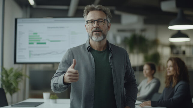 confident man giving thumbs up in modern office setting, with colleagues in background and presentation screen displaying data. atmosphere is professional and collaborative