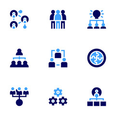 Teamwork icon set. Bold style. Duotone colors. teamwork, network, people, understand, puzzle, structure