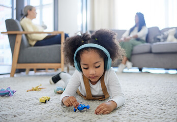 Therapy, headphones and counseling with kid and mother for child development, sensory stimulation...