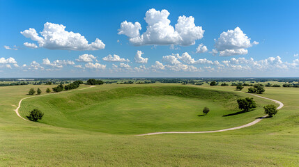 Fototapeta premium Green crater landscape under blue sky, idyllic countryside