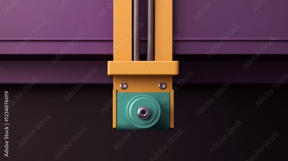 Poster close up view of a teal and gold mechanical device against a dark purple background. the image shows