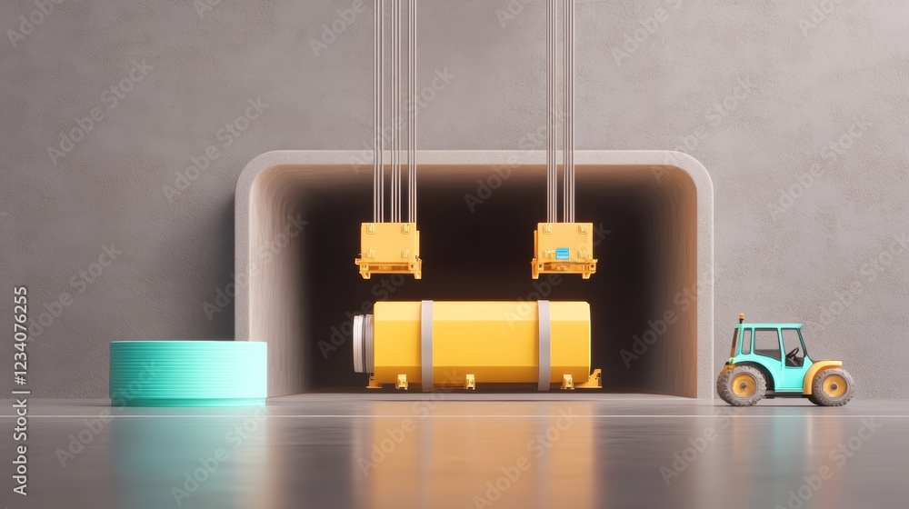 Poster low poly 3d render of a yellow cylindrical object being transported into a concrete tunnel by a cran
