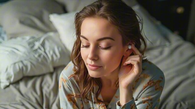 Young woman puts in earplugs before going to bed, sitting in her pajamas on her bed. Sleep hygiene. Remedies for insomnia.
