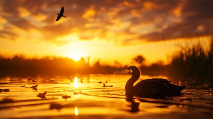 Fototapeta premium Bird Silhouette at Golden Hour Sunset
