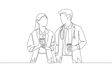 Continuous one line drawing of group of male and female doctors talking together while holding cup of coffee, medical team and coffee break concept, single line art
