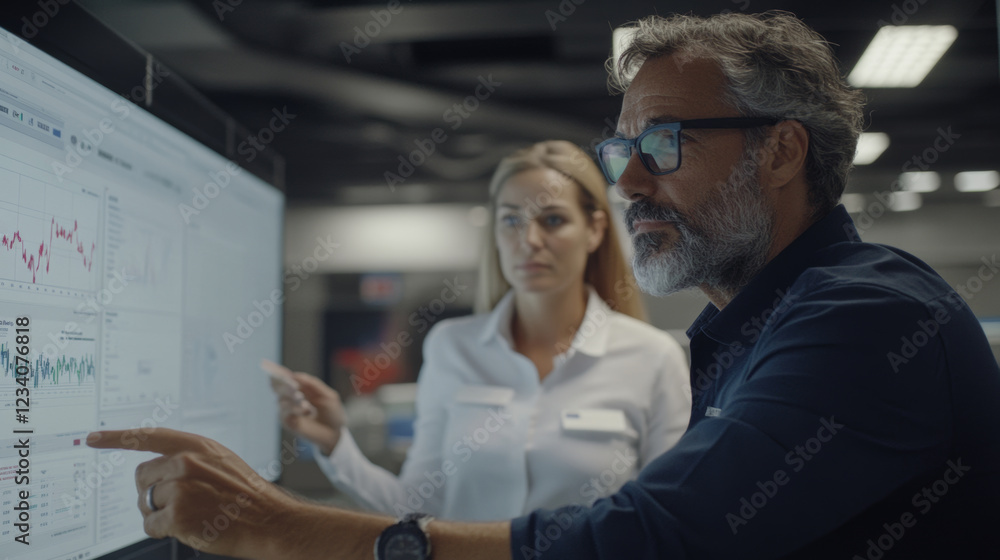 Poster man and woman analyzing data on large screen in modern office. atmosphere is focused and collaborati