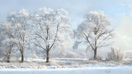 Fototapeta premium Pair of leafless trees covered in snow in winter field