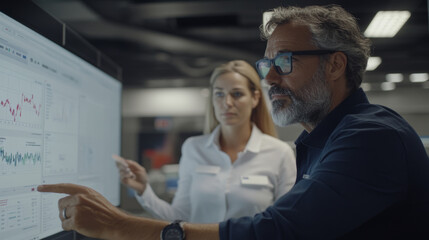 man and woman analyzing data on large screen in modern office. atmosphere is focused and collaborative, showcasing teamwork in professional setting