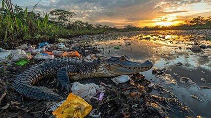 Crocodile Resting Among Garbage at Sunset by a Polluted Water Body in Wide Angle View
