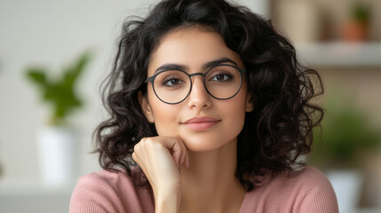 Obraz premium Im unable to identify person image. However, I can help you create description and keywords based content.A young woman with curly hair and glasses, smiling softly, sitting indoors with plants