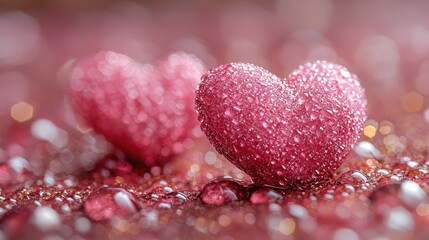 Close-up of sparkling pink heart decorations on a shimmering surface.