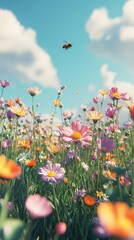 Fototapeta premium Bright wildflower field under sunny skies attracts pollinators