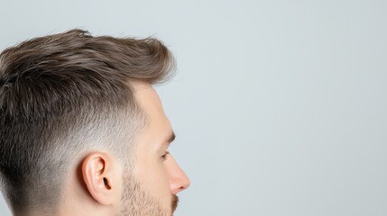 Obraz premium Stylish side profile of a young man with a modern haircut against a neutral background.