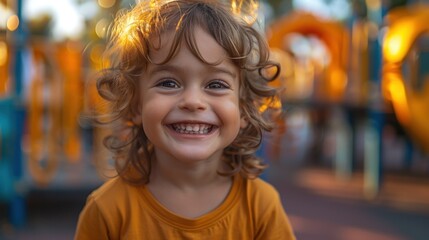 Smiling child with curly hair in a playground setting, portrait