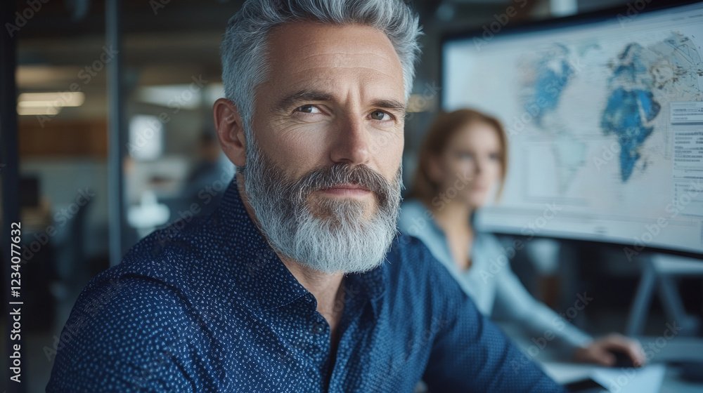Poster professional man with gray beard in office setting, focused on work, with woman in background analyz